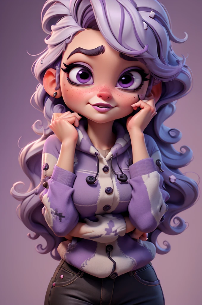create an 3d illustration, model realistic, exuberant, fear expression, scared hands simulating fear, woman sofisticaded,ponytail purple hair, plaid black and white pulover, luxury, realistic, big eyes, nitid, purple lips, pixar style, stylish, look for the camera, white background, center photo
