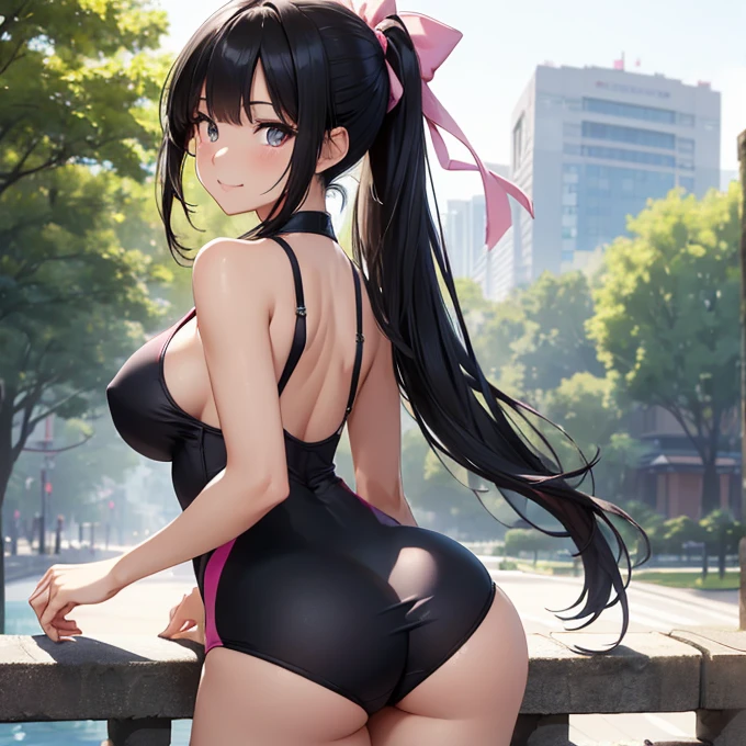 (absurdres, best high quality image, carefuly detailed features and textures, very detailed image, solo character alone, character back view): {{(1character: japanese 26 years old black-haired girl), (fair skin, beautiful light-blue asian shaped eyes, tall sexy feminine body, black hair tied in high ponytail with pink ribbon, big breasts, beautiful arms, beautiful legs, gentle smile, lovely personality, positive demeanor, sexy crouch pose, showing butt), (pink one-piece swimsuit), (afternoon day, city park)}}