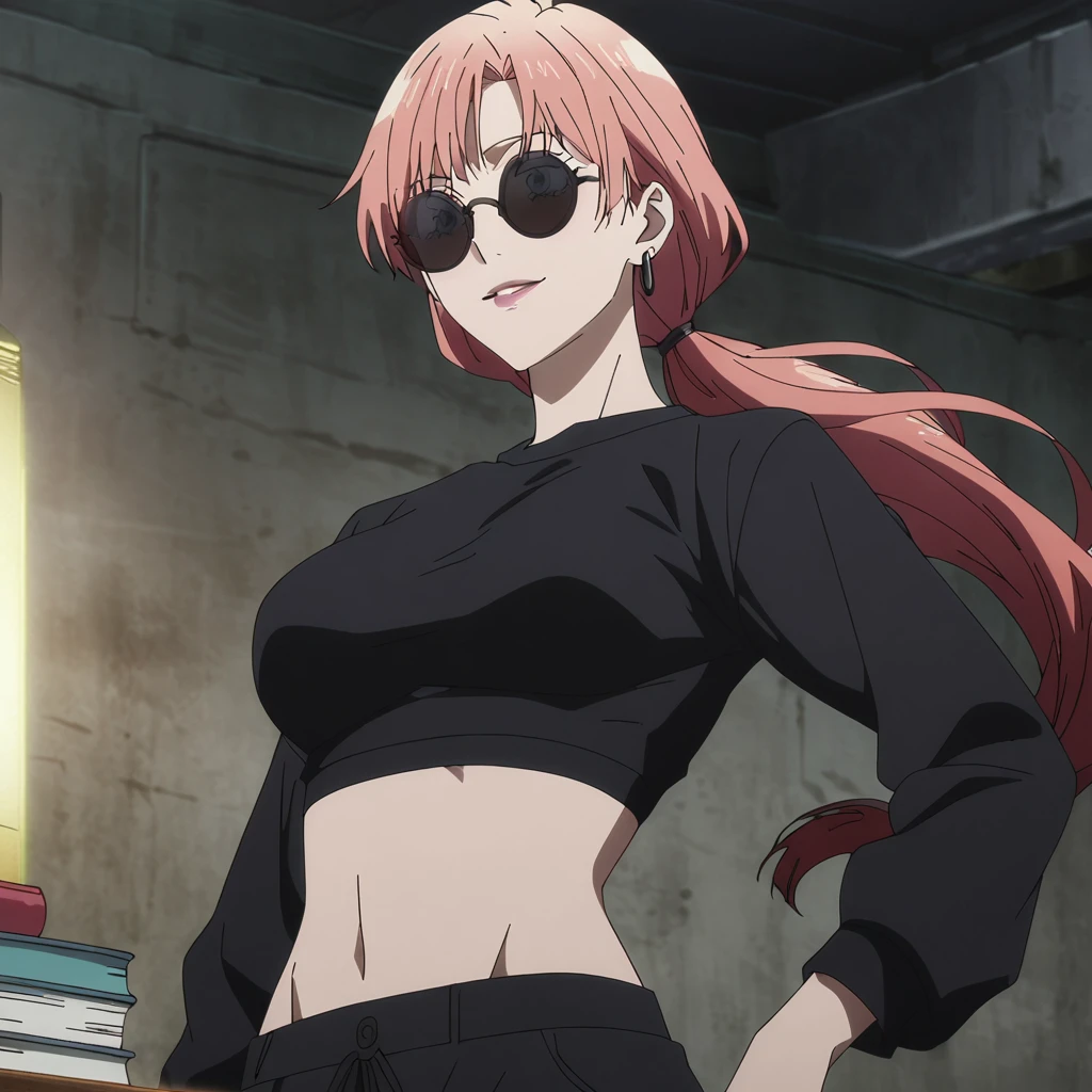 1girl, female gojo satoru, anime screencap from jujutsu kaisen, gojo satoru female version, solo, long_hair, ((wearing round sunglasses)) ((Red_hair, low ponytail)), night view, (hanging breasts) upper_body, smile, indoors, book, lips, (long hair) ((wearing black colour crop top with full sleeves and black colour pant)) breast, "very detailed and high resolution" ((solo)) (((front view))) (earings) ((high resolution)) ((good quality)) ((silky hair))