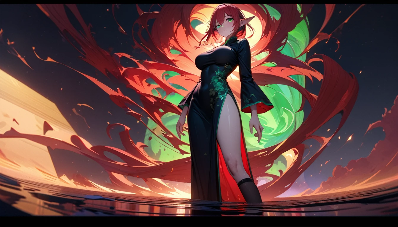 masterpiece, Best quality, 1 girl,photo, w(red-crimson hair) elf ears, freckles, adult woman, sculpted body, Super detailed hand, super detailed face, Hyper detailed body, (emerald green eyes), Big breasts, concentrated eyes, Quite detailed eyes, pale skin, Flushed face, (( in a long black Chinese dress)), Body hair longo, Body hair (connected), serious expression, Frowning eyes, partes do full body, Whole limbs, ((full body)), Gorgeous fur, a high resolution, 4K, The waist is thin, small foot, role model, best quality specialist, (long black sock), good lighting, simple background, darkness background, High-resolution image, digital painting, Spiritual peace, golden ratio composition, cowboy shot, brilliant, brilliant hair, (night:1.2),Dreamy, [[gentle fingers and hands:0.55]::0.85],(detailed fingers),),(emotional),(breathtaking),(main part:1.2) whole body.), (Anime Style), (Super Detailed), (brutal), (uhd, HDR), (8k), (High Resolution: 1.2), (Complex and Beautiful: 1.2)