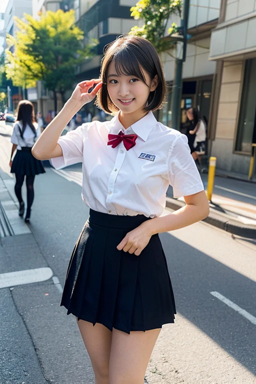 (A beautiful 23 year old Japanese high school girl with a bright personality is smiling. She has detailed, realistic, and photorealistic features, including a super cute face with beautiful eyes, nose, lips, dimples, short bob hair. The girl is wearing a JK uniform with a mini skirt and eco-friendly fashion. She has a healthy body proportion, ample round bosom & smooth legs. She is standing on a city street with natural sunlight and a bright backlight shining from behind, creating a lens flare. The image has a surreal, high-quality, and masterpiece-level look with vivid colors, extreme detail, and a professional-level edit.)