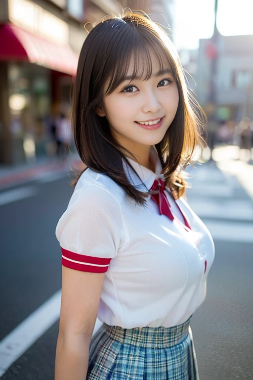 (A beautiful 23 year old Japanese high school girl with a bright personality is smiling. She has detailed, realistic, and photorealistic features, including a super cute face with beautiful eyes, nose, lips, dimples, short bob hair. The girl is wearing a JK uniform with a mini skirt and eco-friendly fashion. She has a healthy body proportion, ample round bosom & smooth legs. She is standing on a city street with natural sunlight and a bright backlight shining from behind, creating a lens flare. The image has a surreal, high-quality, and masterpiece-level look with vivid colors, extreme detail, and a professional-level edit.)