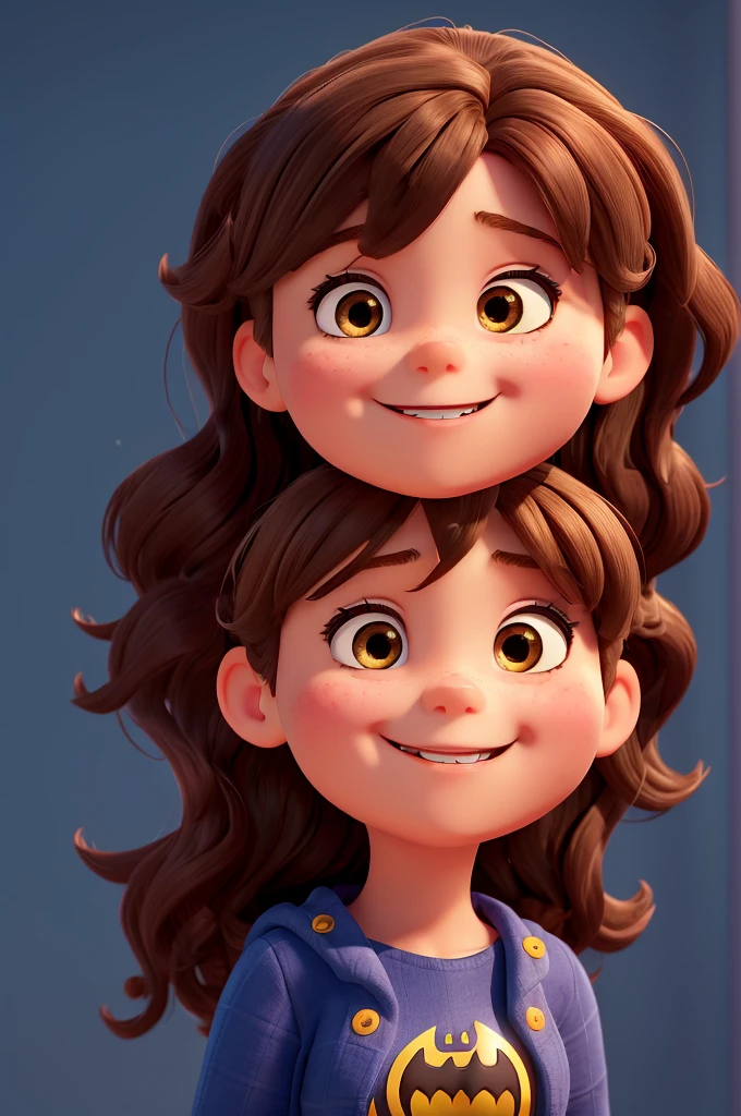 a happy and cute girl, with medium brown hair, wearing a batgirl costume, Background transparent, 4 year old , Pixar-style, ....3d, Cartoon s, face detailed, asymmetric 16k, Wavy hair