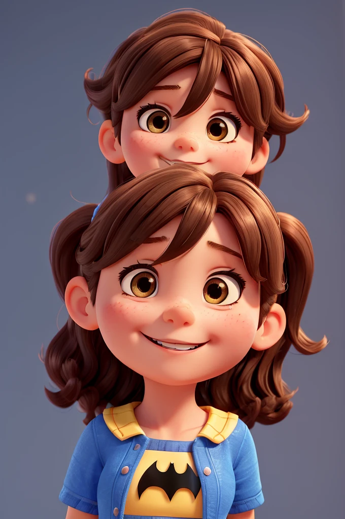 a happy and cute girl, with medium brown hair, wearing a batgirl costume, Background transparent, 4 year old , Pixar-style, ....3d, Cartoon s, face detailed, asymmetric 16k, Wavy hair