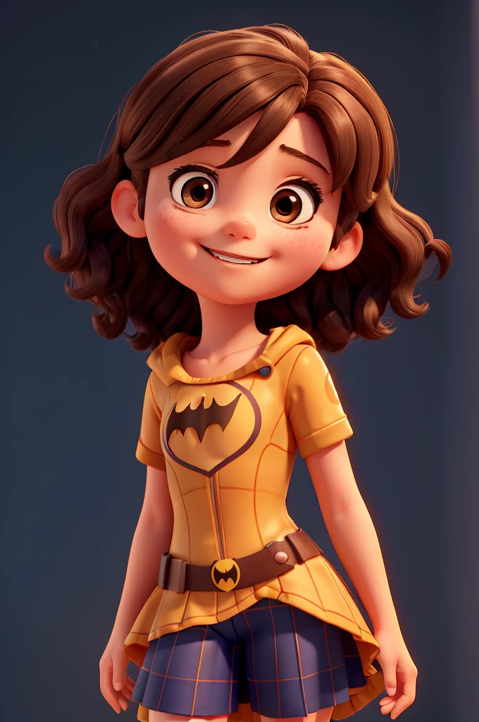 a happy and cute girl, with medium brown hair, wearing a batgirl costume, Background transparent, 4 year old , Pixar-style, ....3d, Cartoon s, face detailed, asymmetric 16k, Wavy hair