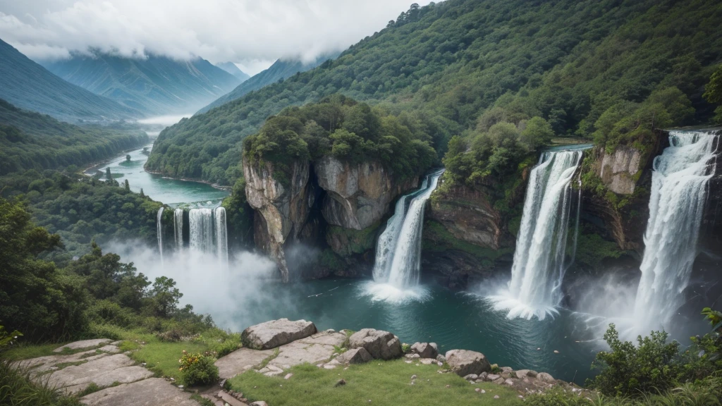 A wide angle landscape shot of gigantic mountains with a majestic waterfall cascading down the rocky cliffs, surrounded by lush greenery and mist rising from the falling water, during a clear summer day, shot with a Sony A7R IV, 28mm lens, vibrant colors