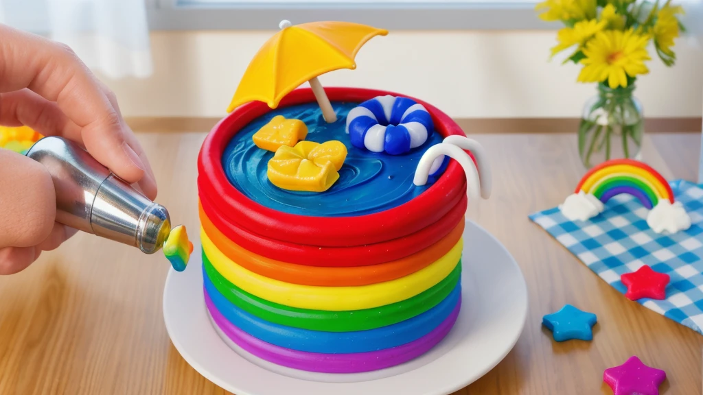 on a wooden table. there is a white plate with a rainbow cake in the form of a polymer clay pool, on the table there is a BLUE checkered tablecloth, there are STAR candies on the table next to them, ON THE TABLECLOTH IS A RAINBOW MADE OF POLYMER CLAY. against the background of the kitchen, Fruit basket, vase with Flowers, against the background of the window, bright lighting, Realistic style , realistic texture, detailed texture, a high resolution, high quality