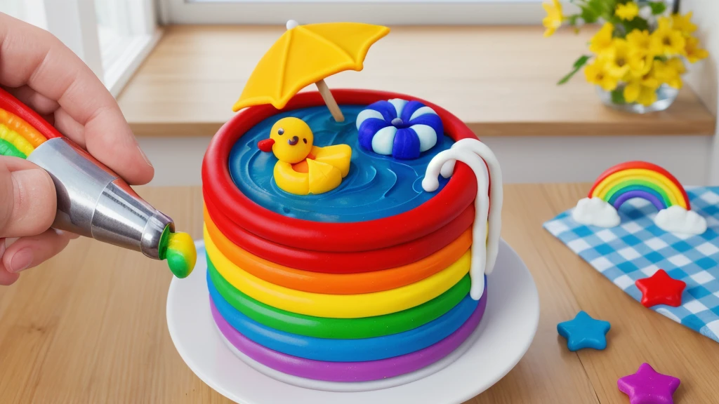 on a wooden table. there is a white plate with a rainbow cake in the form of a polymer clay pool, on the table there is a BLUE checkered tablecloth, there are STAR candies on the table next to them, ON THE TABLECLOTH IS A RAINBOW MADE OF POLYMER CLAY. against the background of the kitchen, Fruit basket, vase with Flowers, against the background of the window, bright lighting, Realistic style , realistic texture, detailed texture, a high resolution, high quality