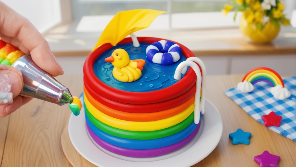 on a wooden table. there is a white plate with a rainbow cake in the form of a polymer clay pool, on the table there is a BLUE checkered tablecloth, there are STAR candies on the table next to them, ON THE TABLECLOTH IS A RAINBOW MADE OF POLYMER CLAY. against the background of the kitchen, Fruit basket, vase with Flowers, against the background of the window, bright lighting, Realistic style , realistic texture, detailed texture, a high resolution, high quality