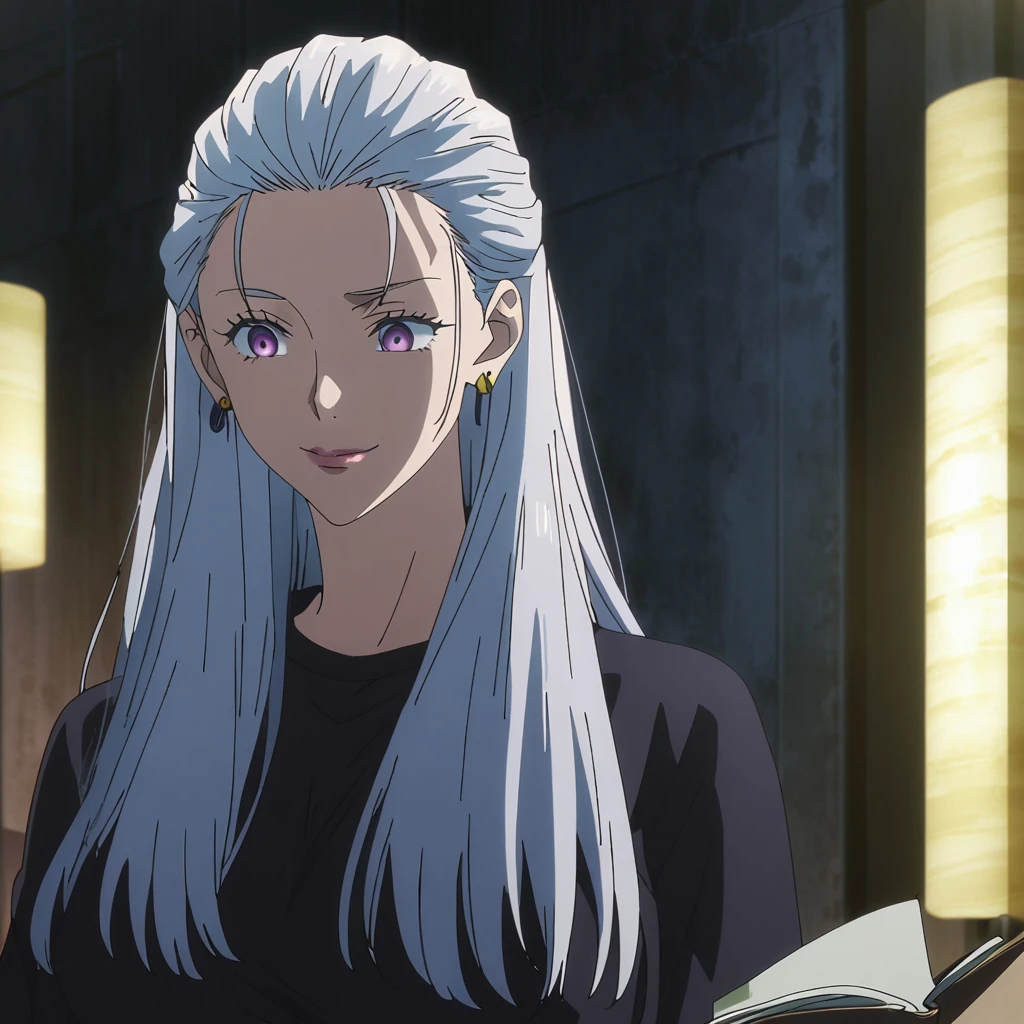 1girl, female gojo satoru, anime screencap from jujutsu kaisen, gojo satoru female version, solo, long_hair, ((purple eyes)) ((White_hair, hair slicked from one side)), night view, (hanging breasts) upper_body, smile, indoors, book, lips, (long hair) ((wearing black one piece, glossy)) breast, "very detailed and high resolution" (purple eyes) ((solo)) (((front view))) (earings) ((high resolution)) ((good quality)) ((silky hair, hair slicled back from one side)) ((shy))