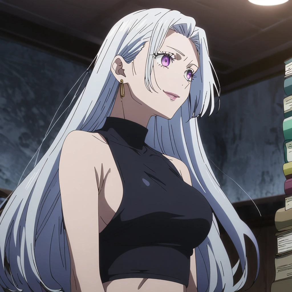 1girl, female gojo satoru, anime screencap from jujutsu kaisen, gojo satoru female version, solo, long_hair, ((purple eyes)) ((White_hair, hair slicked from one side)), night view, (hanging breasts) upper_body, smile, indoors, book, lips, (long hair) ((wearing black one piece, glossy)) breast, "very detailed and high resolution" (purple eyes) ((solo)) (((front view))) (earings) ((high resolution)) ((good quality)) ((silky hair, hair slicled back from one side)) ((shy))