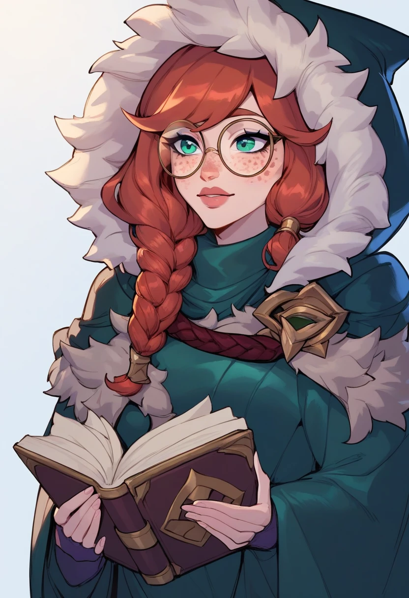 masterpiece, best quality, 1female, beautiful, aurora (league of legends), 1girl, freckles, bangs, braid, green cloak, fur trim, hood up, round eyewear, holding book, open book