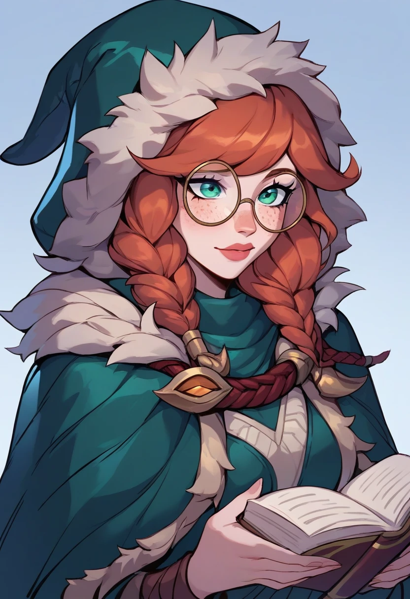 masterpiece, best quality, 1female, beautiful, aurora (league of legends), 1girl, freckles, bangs, braid, green cloak, fur trim, hood up, round eyewear, holding book, open book