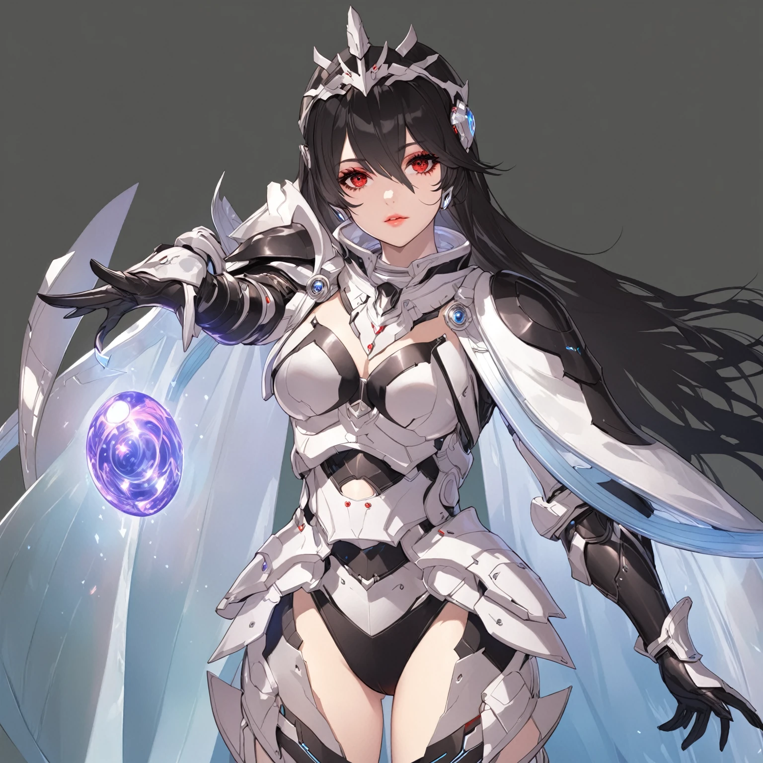masterpiece, best quality, good quality, Highly detailed, shadowverse style, female, red eyes, black and white hair, modern fantasy sci-fi aesthethic