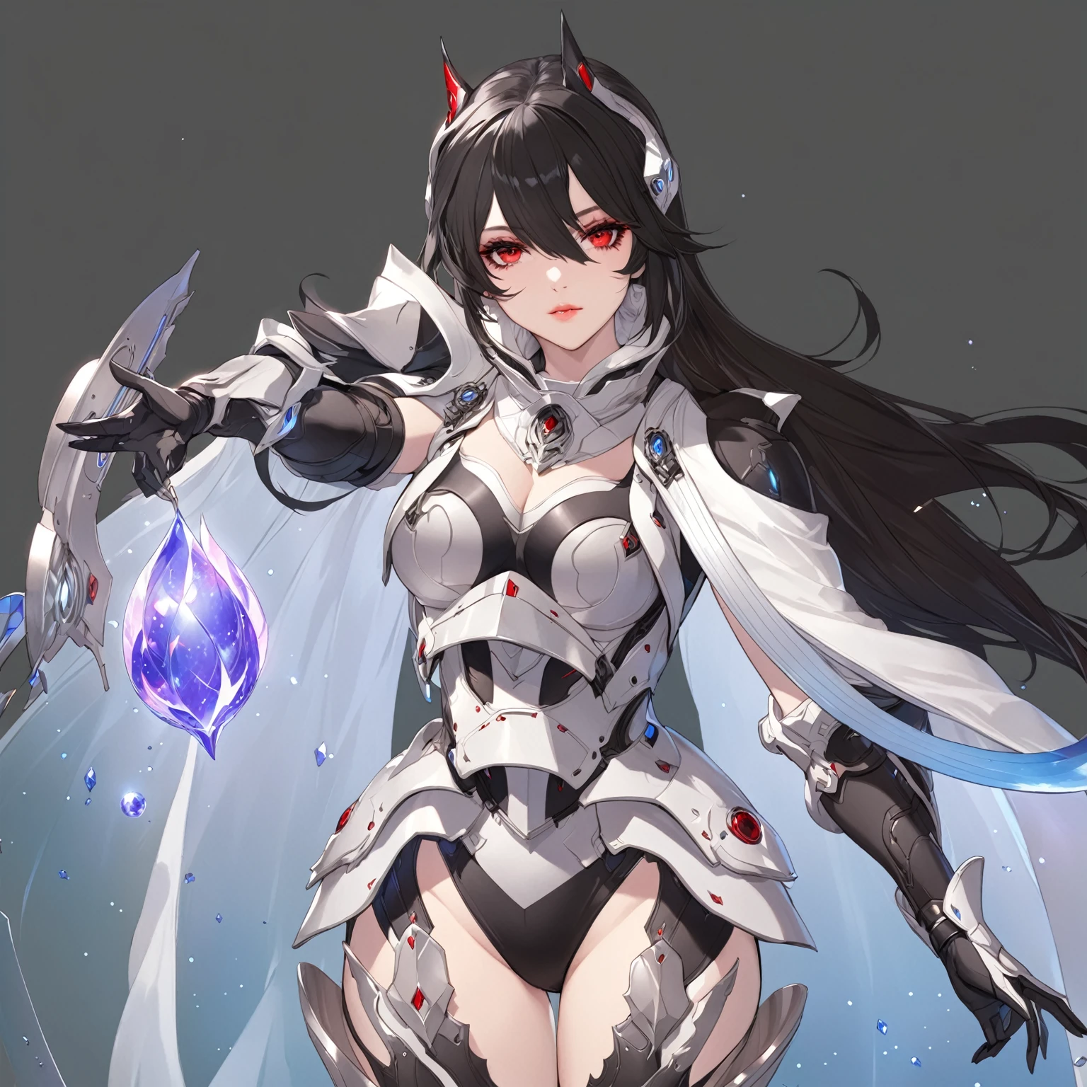 masterpiece, best quality, good quality, Highly detailed, shadowverse style, female, red eyes, black and white hair, modern fantasy sci-fi aesthethic