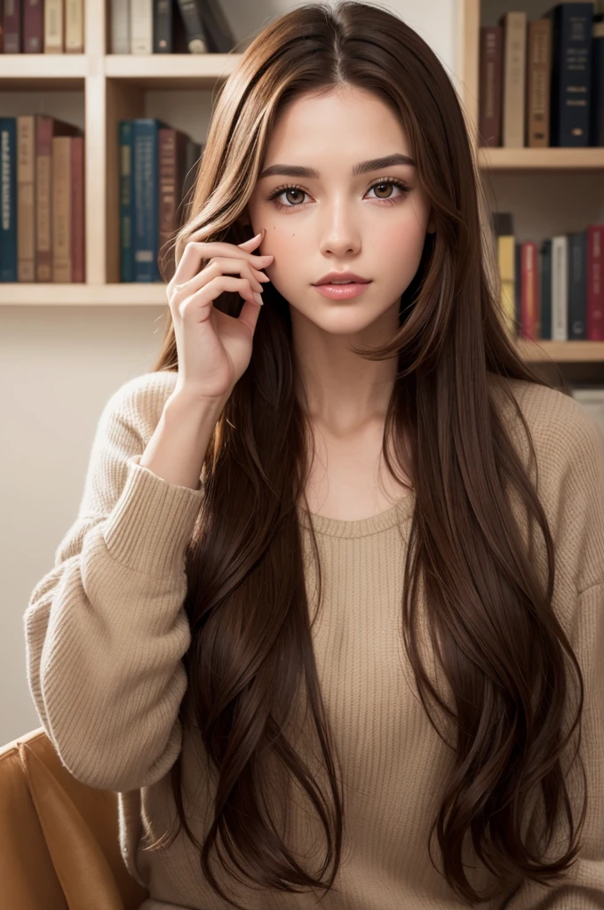 a woman with brown hair, Caucasian skin, with a book on your face 