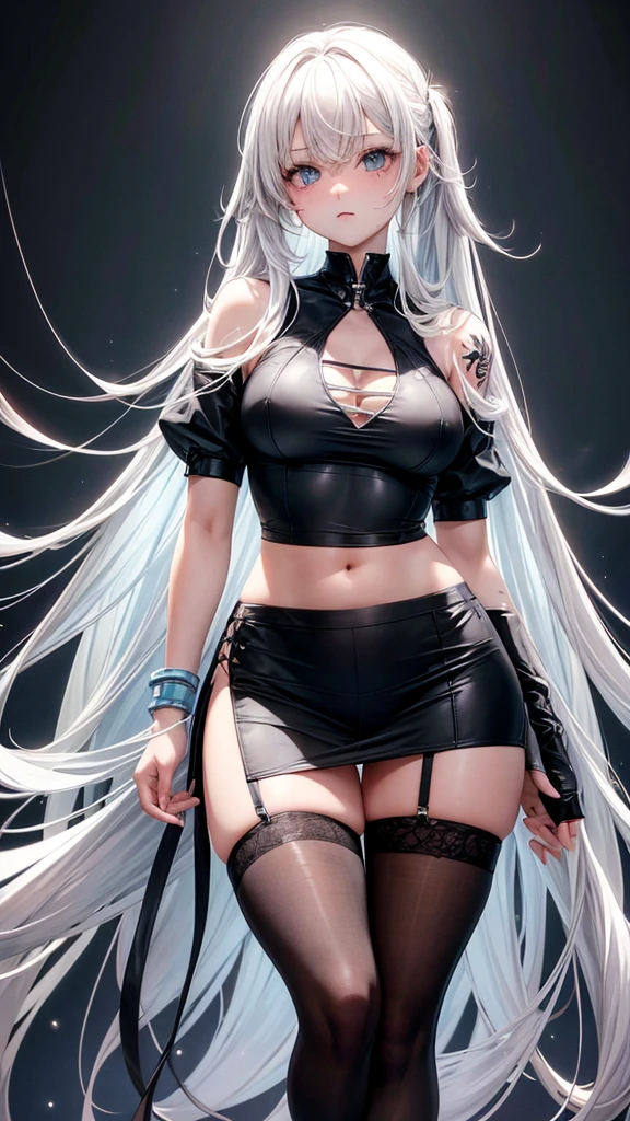 beautiful girl; long hair and bangs.
Hair color; white cavello, but with half the black bangs and some black nechones Body; small waist, very big breasts, wide hips and big buttocks as well as chubby thighs and flat abdomen.
Ñeyes; heterocromina, one clear black eye and the other light blue lens.
image: He has tattoos in the middle of his chest. Measures: 1,55 Clothing: a black body-friendly shirt, short skirt and long stockings