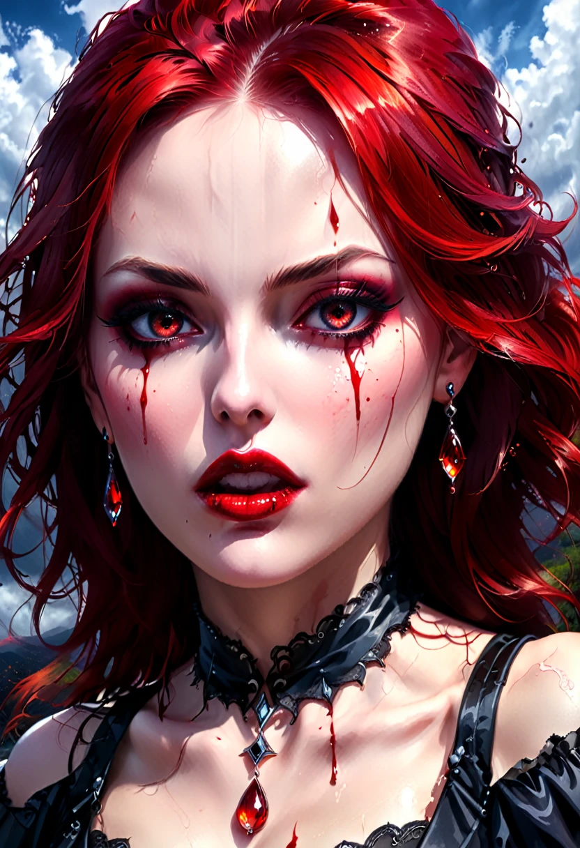 a portrait of vampire with a bloody tear coming down from he eye, an exotic beautiful female vampire, red hair color, dynamic hair style, ultra detailed face, best detailed face, dynamic eye color, ((1single red teardrop, teardrop made of blood coming down from the eye: 1.3)), small cleavage, wearing two black diamond earrings, Ultra-high resolution, High Contrast, (masterpiece:1.5), highest quality, Best aesthetics), 16K fantasy art, best details, best quality, highres, (ultra wide angle: 1.2), 16k, [ultra detailed], masterpiece, best quality, (extremely detailed), ladyshadow, magical sky, crying style