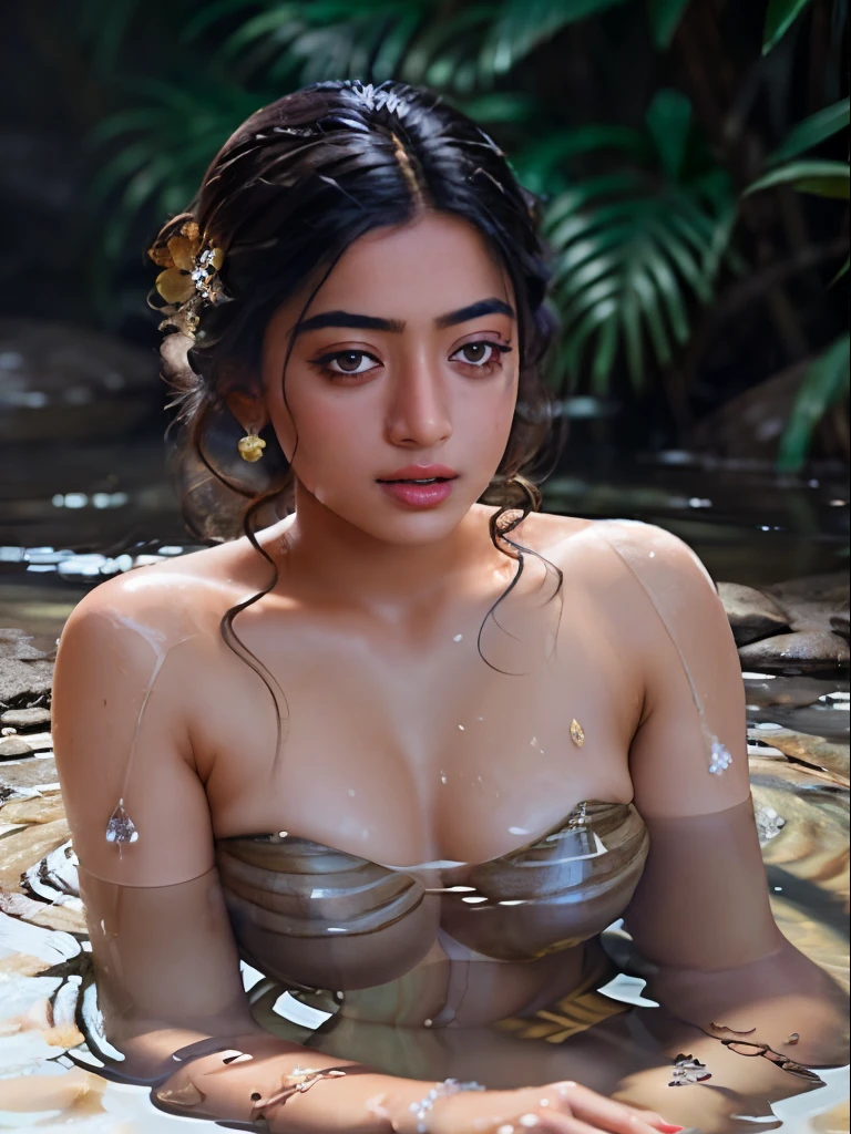 Close up portrait of Rashmika Mandanna  bathing naked in a crystal clear river, reeds, (backlighting), realistic, masterpiece, highest quality, lens flare, shade, bloom, [[chromatic aberration]], by Jeremy Lipking, by Antonio J. Manzanedo, digital painting,