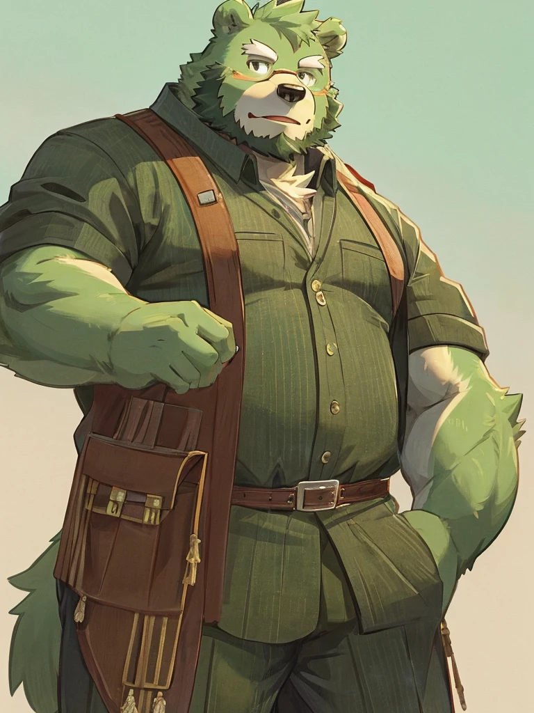 anthro, kemono, male, solo,  (((green bear))), (((green fur))), green hair, beard, white eyebrows, simple background, mature, casual clothes, 