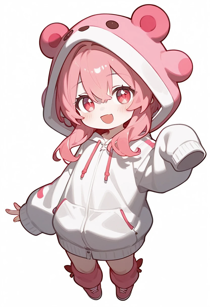 score_9,score_8_superior,score_7_superior,One girl,Pink Hair,alone,hood chibi,bangs,blush,smile,standing,full body,posing,Open your mouth,In-person audience,hoodie,Wearing a hood,Long sleeve,Hair between the eyes,Sleeves are longer than your fingers,white background,