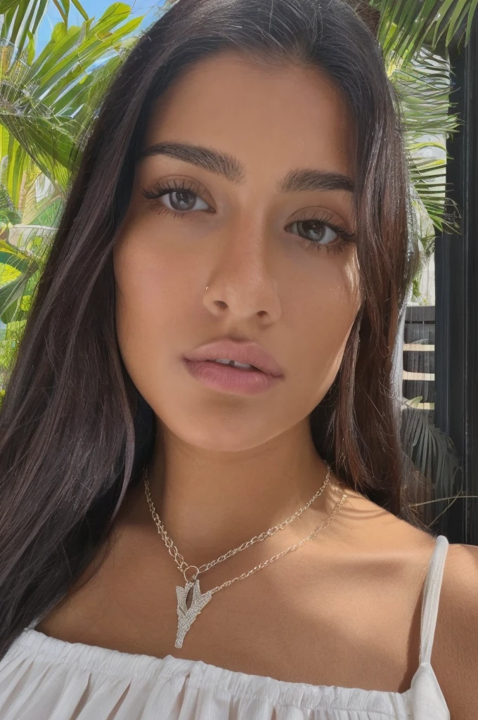 ((best quality)), ((work of art)), (detailed), face perfect ((young-age)) ((22 years old)) brunette with long dark brown black hair Spanish Latin features, dark brown eyes, posing for a selfie wearing a floral sundress a close-up of a woman in a white dress posing for a photo, violet myers, beautiful latin face, half pink, Retrato de Sophie Mudd, 22 years old de idade, necklace, jaw dropping beauty, instagram model, jaw dropping beauty, portrait half pink, 22 years old de idade, with beautiful exotic, 22 years old de idade, beautiful woman