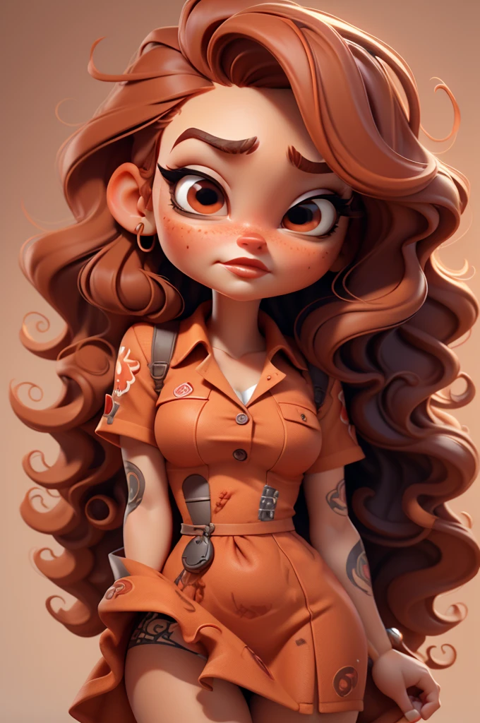 create an 3d illustration, model realistic, exuberant, anger, woman sofisticaded, wave orange ombre red hair, luxury, realistic, brown eyes, nitid, red lips, anger expression, pixar style, stylish, rock red dress, look for the camera, white background, center photo