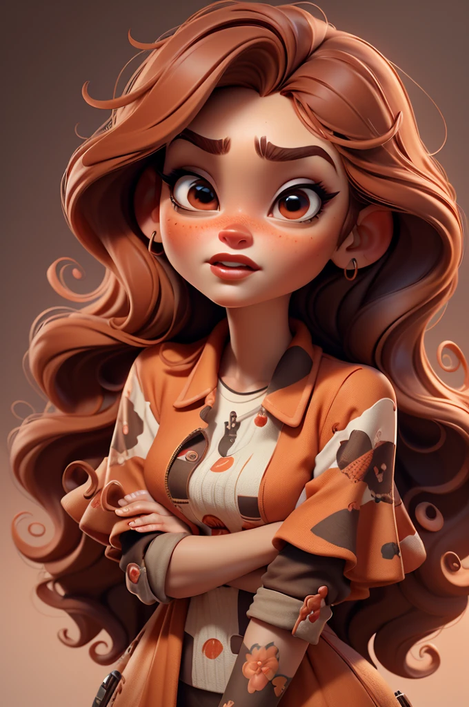 create an 3d illustration, model realistic, exuberant, anger, woman sofisticaded, wave orange ombre red hair, luxury, realistic, brown eyes, nitid, red lips, anger expression, pixar style, stylish, rock red dress, look for the camera, white background, center photo