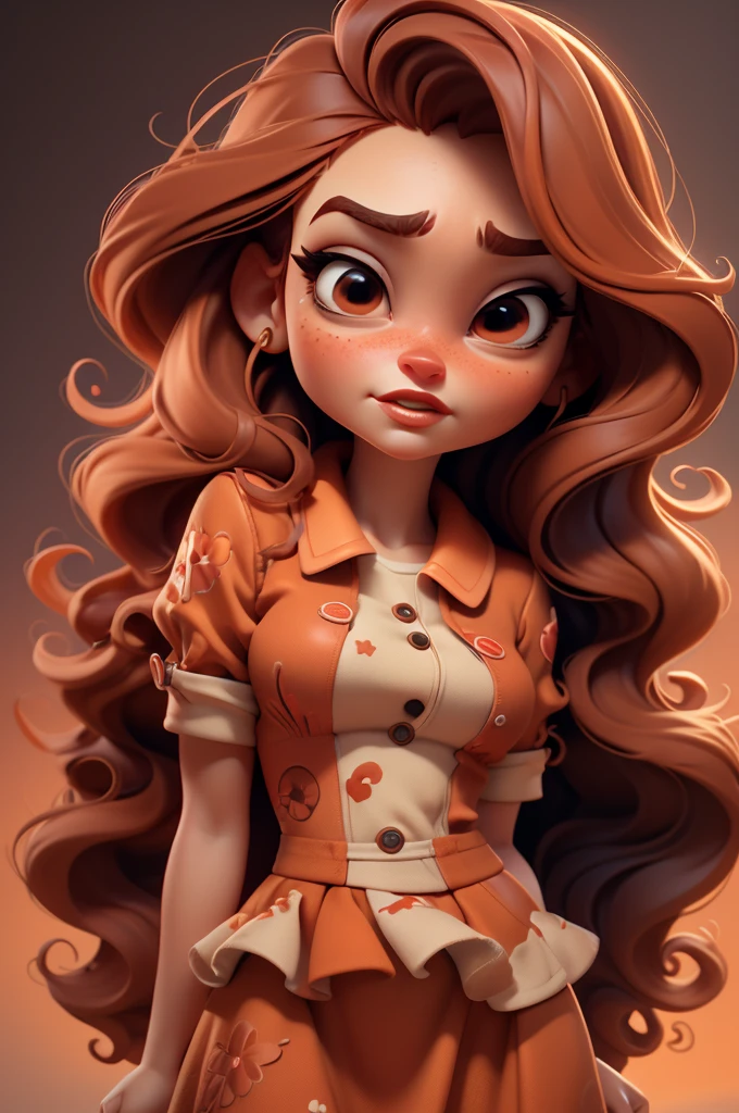 create an 3d illustration, model realistic, exuberant, anger, woman sofisticaded, wave orange ombre red hair, luxury, realistic, brown eyes, nitid, red lips, anger expression, pixar style, stylish, rock red dress, look for the camera, white background, center photo