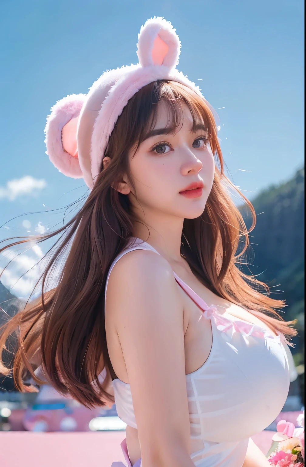 Adorable , Gorgeous , Beautiful , Russian Baby Face , (Large Colossal Breasts) , 30 Years Old , White Skin , Bunny Cosplay Suit , Bunny Headband , Front Facing , Potrait , Top of The Mountain Background , Wind , ((Muscles:1.1)) , Long Hair Bangs , Blue Eye , ((Pink-Blue Pastel Coloured)) , ((Night:1.3)) , Standing , HDR , Ultra Detailed , EF 24-70mm f/2.8L II USM