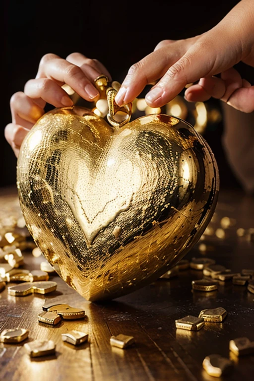 giant magical realistic human heart with lots of gold around it