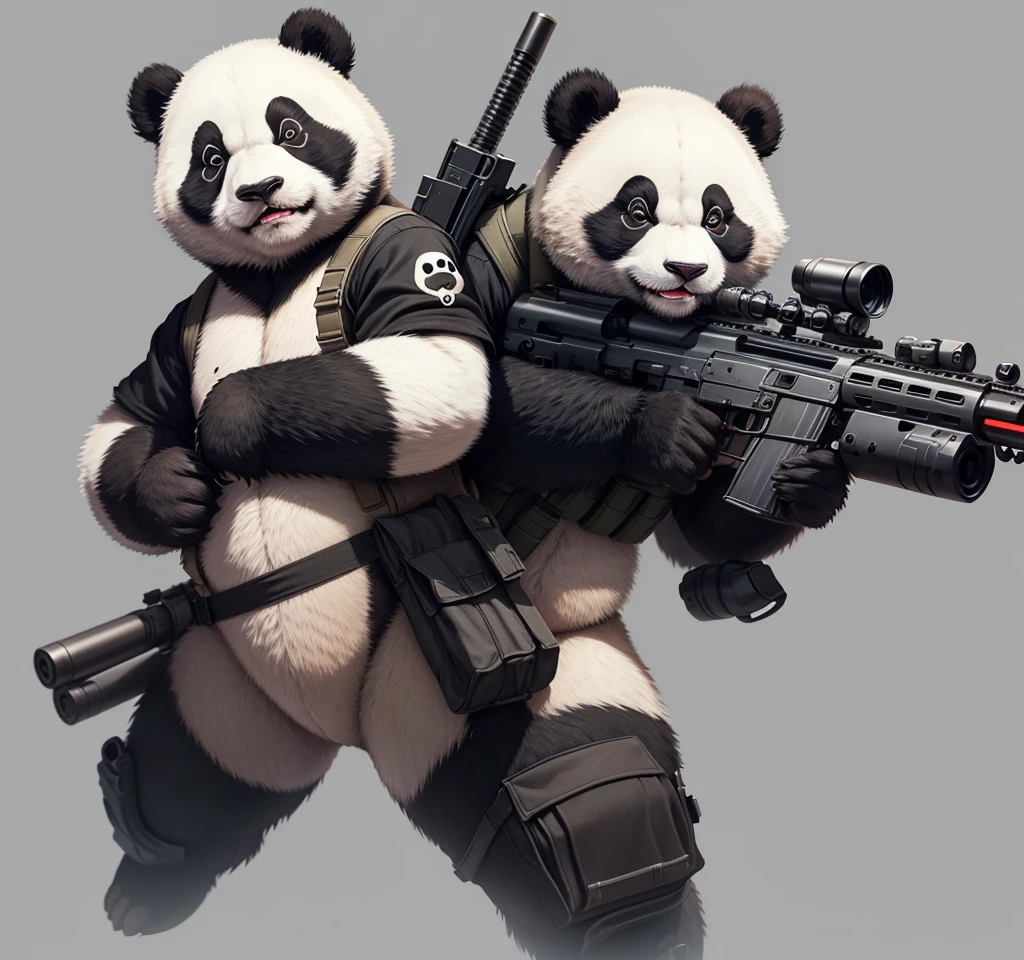 Panda holding a rifle sideways，Panda on the right，Gray background