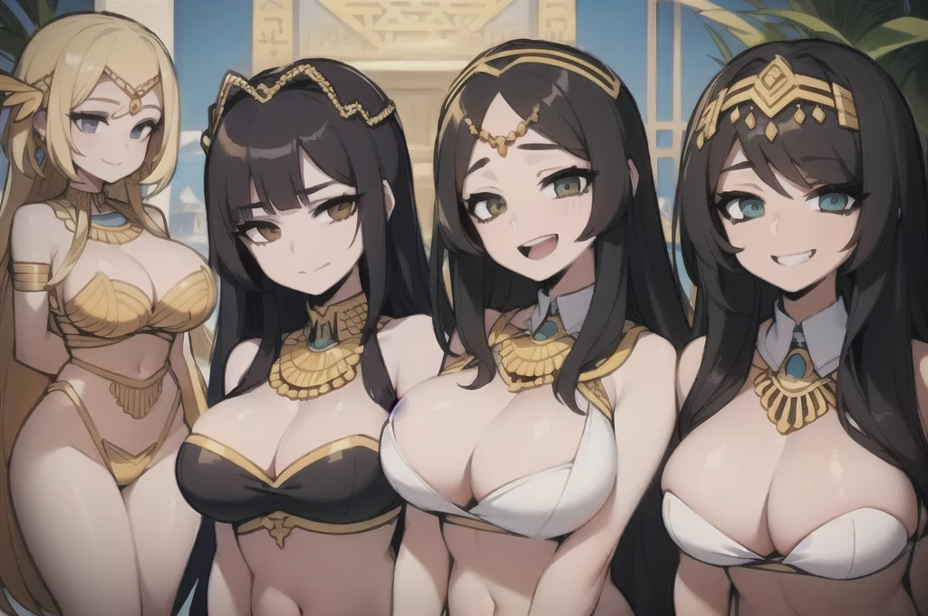 three sexy women who are wives of boy, looking at camera, happy opened mouths, portrait, various hair, egyptian godesses outfits