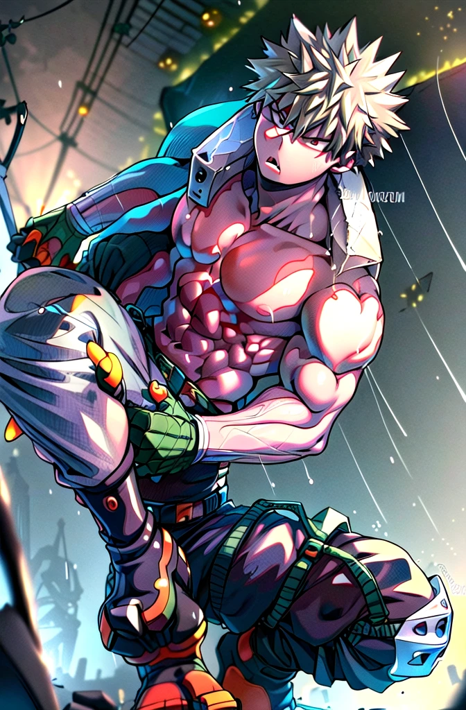 ((​masterpiece,best quality, detailed)), 1 boy, male focus, outside, ruins, squat, natta, lamppost, Nebula, Rain,
Bakugou Katsuki, two-tone gloves, green belt, high collar, Body, superhero, knee pad, black pants, boots, look up, (, muscular legs , muscular arms, Muscular upper body, muscular abdominal muscles , muscular shoulders)extremely muscular,muscular legs , muscular arms, Muscular upper body, muscular abdominal muscles , muscular shoulders, muscular body)