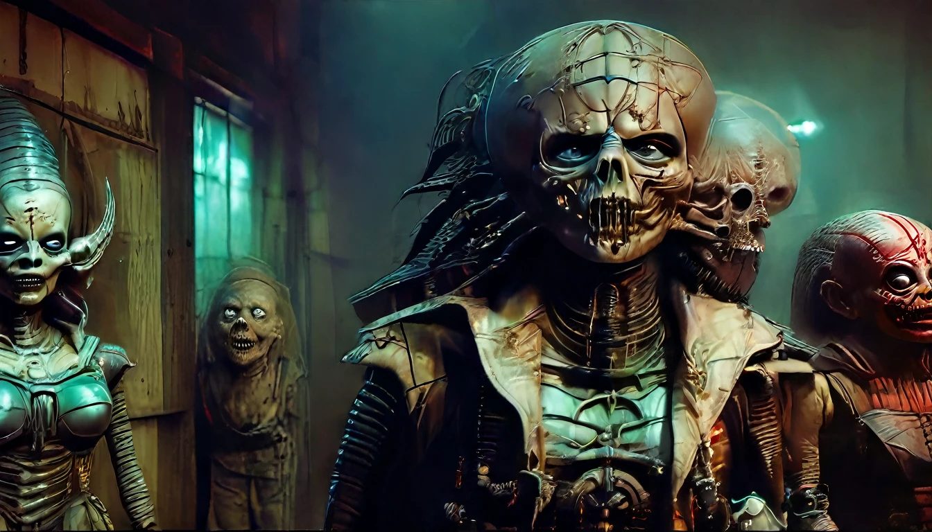 in (medium full shot:3.1) of lot of characters from a movie for slave girls from beyond infinity, inspired by Clyde Caldwell and Greg Rutkowski, futuristic apocalypse, stalenhag, metal album cover, gwar, heavy metal band promo, wayne barlowe pierre pellegrini, (with Creepy, Sci-Fi, Fantasy and Horror:2.9) retro sci fi, Horror movie, very detailed body, moody, epic, ((Cinematic film)), ((Ultra Detailed)), Complex, ((Sharp Focus)), Object Texture, Studio Photo, Complex Details, ((Highly Detailed)), Photo Real Style, ((Hyper-realistic)), High Dynamic Range, ((Realistic Textures)), 8K UHD, Nikon D 850, Kodak Portra 400, Fujifilm XT, rich colors, (3D rendering:3.1)