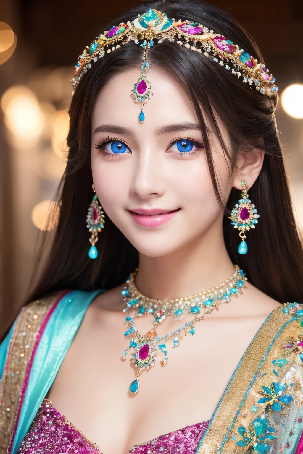 goddess、Ultra HD、High resolution、distinct、Glittering ornaments、Soft Skin、Colorful and gorgeous jewelry、Beautiful blue eyes、smile、