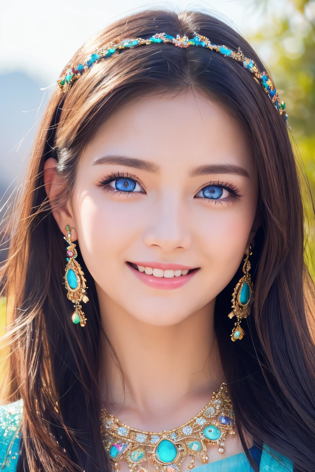 goddess、Ultra HD、High resolution、distinct、Glittering ornaments、Soft Skin、Colorful and gorgeous jewelry、Beautiful blue eyes、smile、