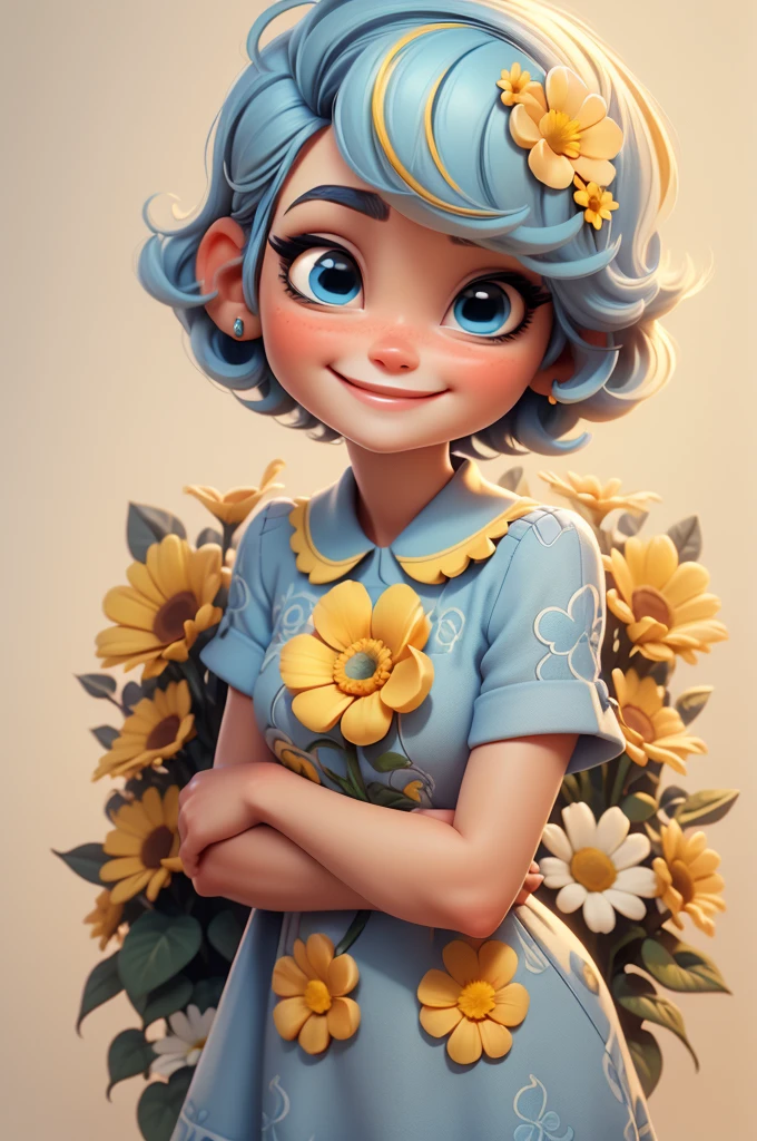 create an 3d illustration, model realistic, exuberant, woman sofisticaded, very short hair, luxury, realistic, vivid blue eyes, nitid, pixar style, stylish,smiling, happy face, yellow flower dress, short cropped blue vivid hair, look for the camera, white background, center photo
