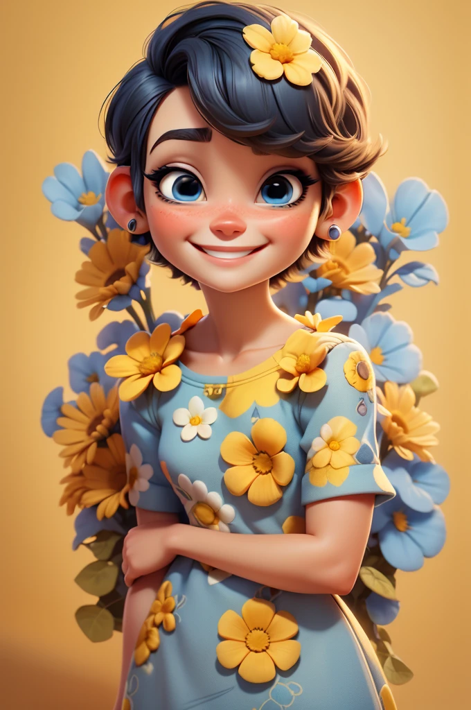 create an 3d illustration, model realistic, exuberant, woman sofisticaded, very short hair, luxury, realistic, vivid blue eyes, nitid, pixar style, stylish,smiling, happy face, yellow flower dress, short cropped blue vivid hair, look for the camera, white background, center photo
