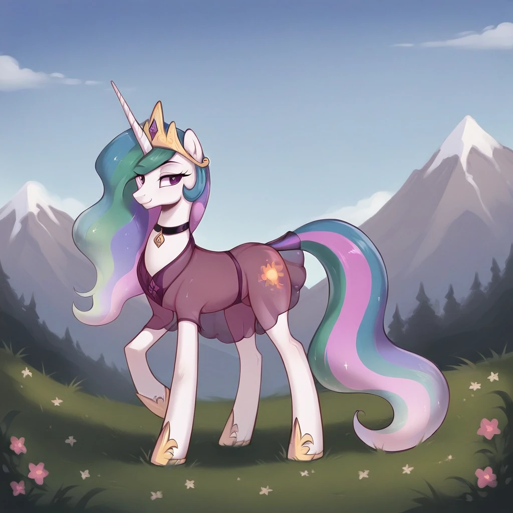 score_9, score_8_up, score_7_up, score_6_up, score_5_up, score_4_up, rating_explicit, outdoors, purple (see through pink dress and neck choker), solo, feral pony, princess  celestia, evil smile, closed mouth,BREAK mountain, day, sky, flower, mountainous horizon, blue sky, grass 