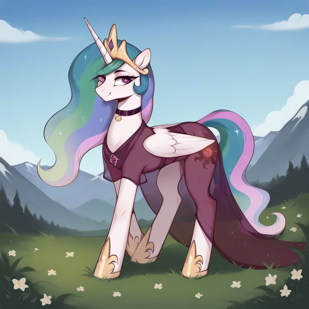 score_9, score_8_up, score_7_up, score_6_up, score_5_up, score_4_up, rating_explicit, outdoors, purple (see through pink dress and neck choker), solo, feral pony, princess  celestia, evil smile, closed mouth,BREAK mountain, day, sky, flower, mountainous horizon, blue sky, grass 