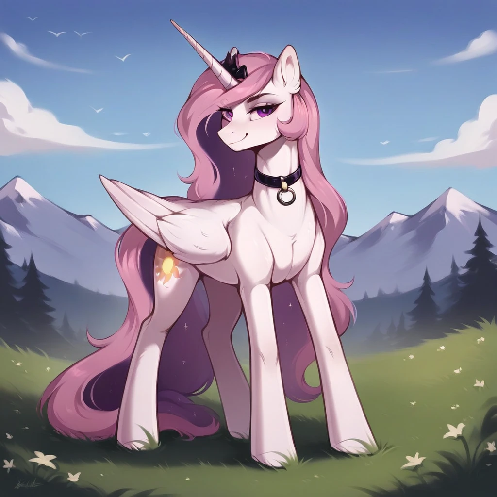 score_9, score_8_up, score_7_up, score_6_up, score_5_up, score_4_up, rating_explicit, outdoors, purple (see through pink dress and neck choker), solo, feral pony, princess  celestia, evil smile, closed mouth,BREAK mountain, day, sky, flower, mountainous horizon, blue sky, grass 