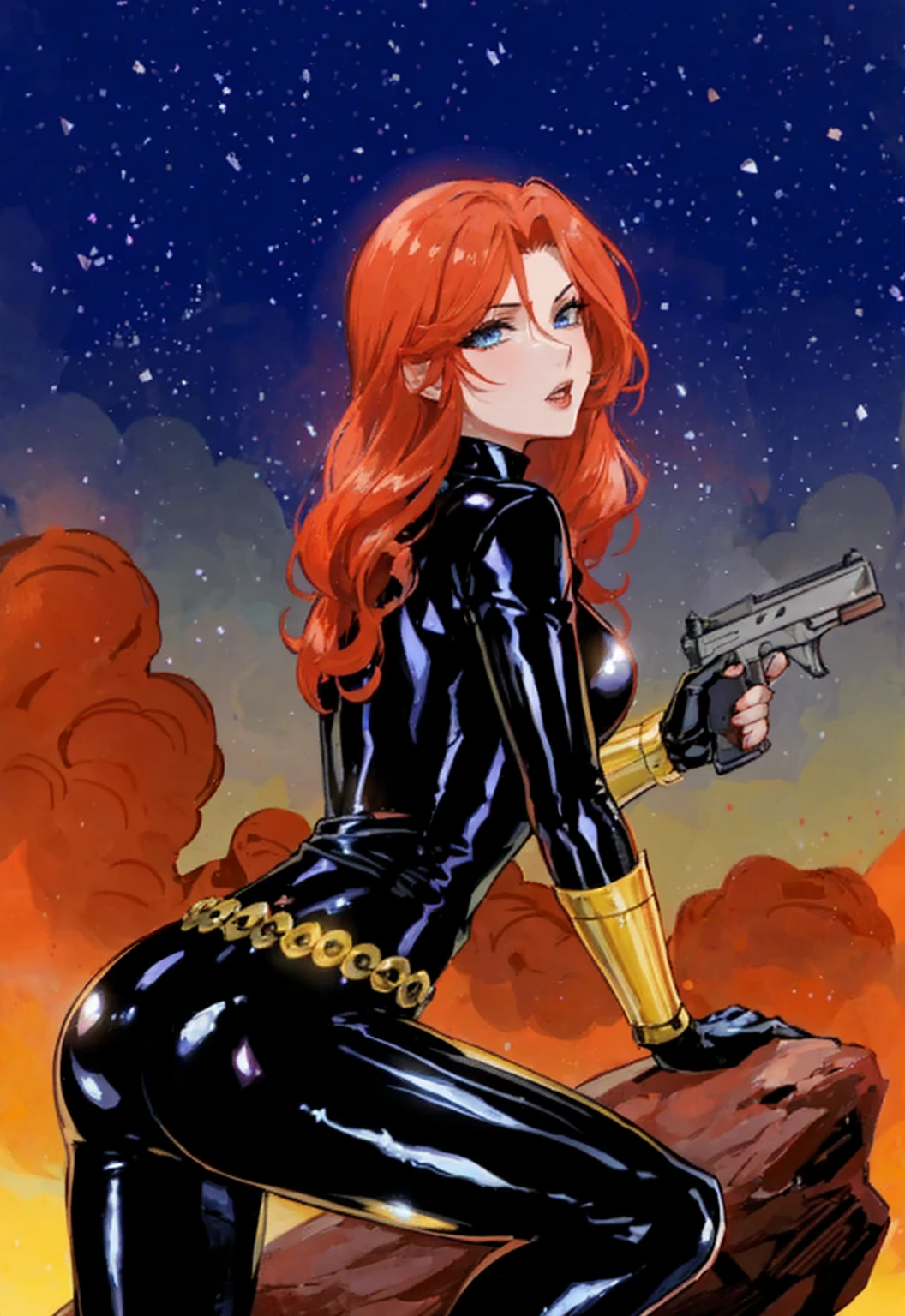 Black Widow, is known from the Marvel series. She's depicted with red hair and blue eyes, dressed in a sleek skin-tight shiny black latex bodysuit with a belt made of golden circles. She's holding a gun in her left hand, and she's in a crouching pose on a rock. The background features a bold red sky with white stars. The character appears ready for action.