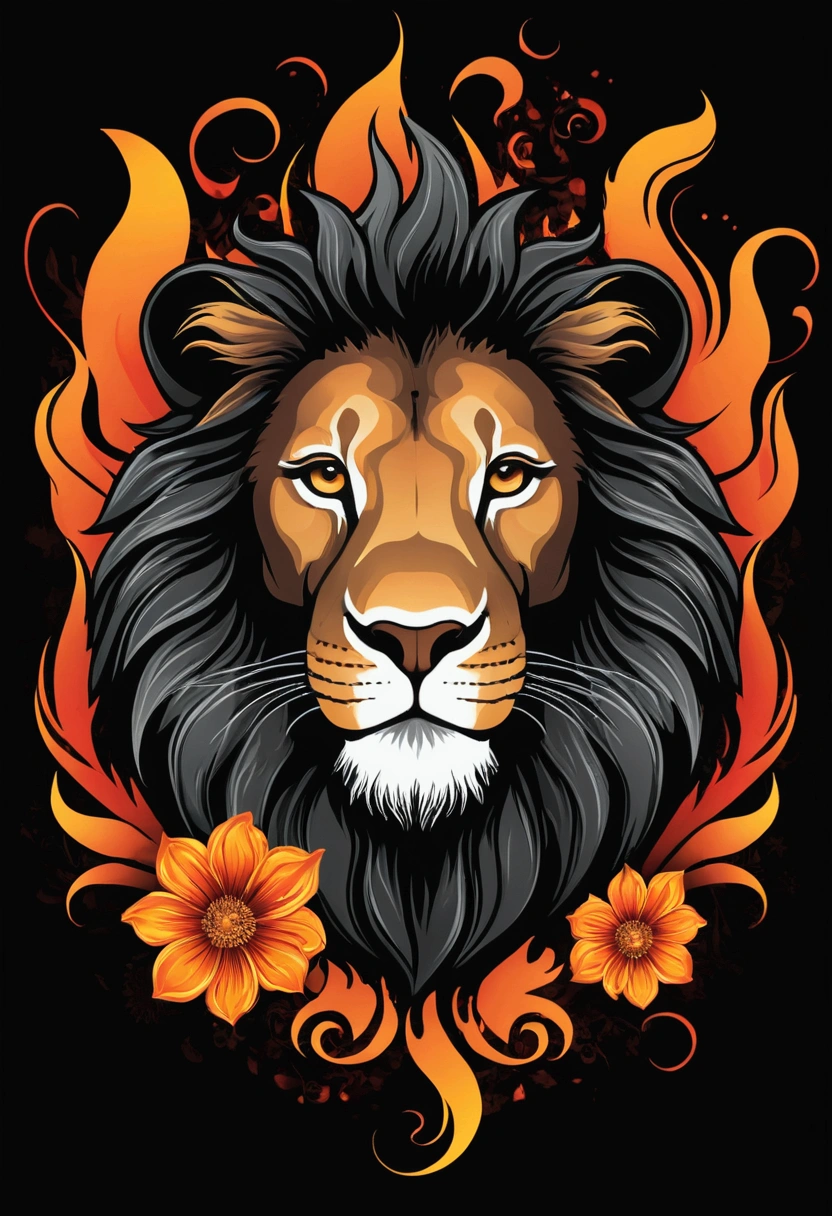 ::style vetor, lion vector logo, cor preto,  soon in (((lion format), flowers, fire flames around the logo, black image background black::n_style,  logo with Deformations, ultrarealistic, 32K