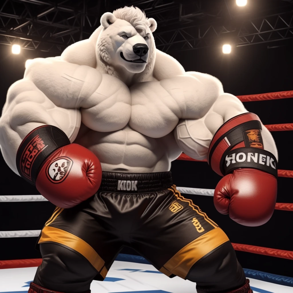 Brock Ólafsson The Huge Muscled Polar Bear, with White Hair, Huge, White Fur, Shirtless, Topless, Black MMA kickboxing Fingerless Gloves and Black MMA kockboxing Shorts