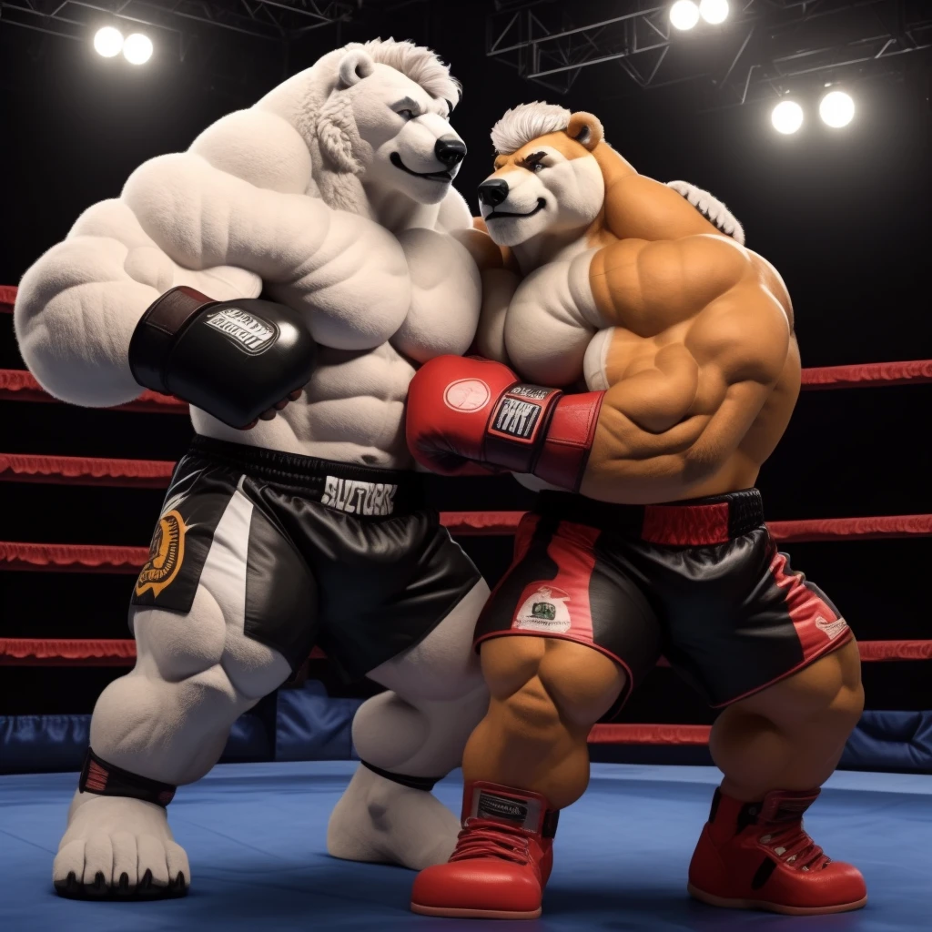 Brock Ólafsson The Huge Muscled Polar Bear, with White Hair, Huge, White Fur, Shirtless, Topless, Black MMA kickboxing Fingerless Gloves and Black MMA kockboxing Shorts