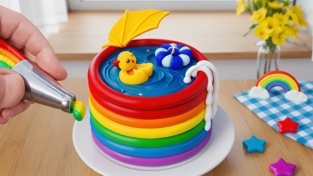 on a wooden table. there is a white plate with a rainbow cake in the form of a polymer clay pool, on the table there is a BLUE checkered tablecloth, there are STAR candies on the table next to them, ON THE TABLECLOTH IS A RAINBOW MADE OF POLYMER CLAY. against the background of the kitchen, Fruit basket, vase with Flowers, against the background of the window, bright lighting, Realistic style , realistic texture, detailed texture, a high resolution, high quality