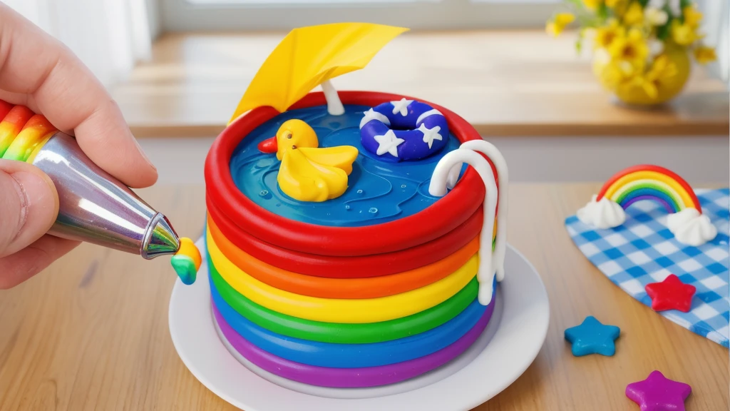 on a wooden table. there is a white plate with a rainbow cake in the form of a polymer clay pool, on the table there is a BLUE checkered tablecloth, there are STAR candies on the table next to them, ON THE TABLECLOTH IS A RAINBOW MADE OF POLYMER CLAY. against the background of the kitchen, Fruit basket, vase with Flowers, against the background of the window, bright lighting, Realistic style , realistic texture, detailed texture, a high resolution, high quality