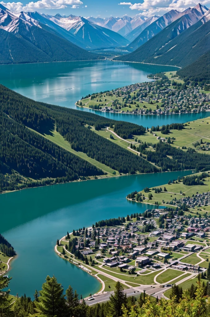 A town with lakes and mountains