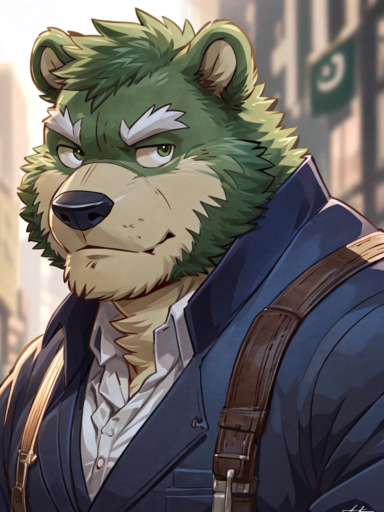anthro, kemono, male, solo, (((green bear))), (((green fur))), green hair, beard, white eyebrows, simple background, mature, casual clothes, anthro donkey, 4k, high resolution, best quality, posted on e621, solo, anthro body, male, adult, masculine, , correct anatomy, (icon), (blurry background, out-of-focus background:1.2), (by takemoto arashi:1.0), (by wfa:1), (by Taran Fiddler:0.5), young, (cel shaded, cartoony shading:1.2), black lineart, black outline, flat coloring, (strong shadows, dark shadows:1.2), dynamic pose, portrait, close up to face,